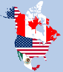Map of North America with country flags superimposed, illustrating the USMCA territory